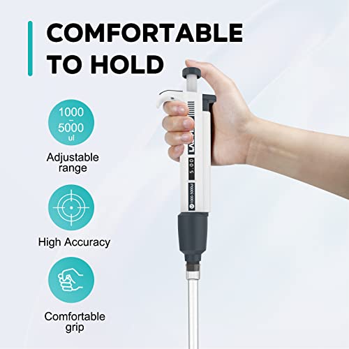 LAB FISH Laboratory Micropipette 1000-5000ul Capacity Range High Accurate Single Channel Pipettor Manual Adjustable Volume Pipettes Increment 50ul with 40pcs 5000ul Pipette Tips Set
