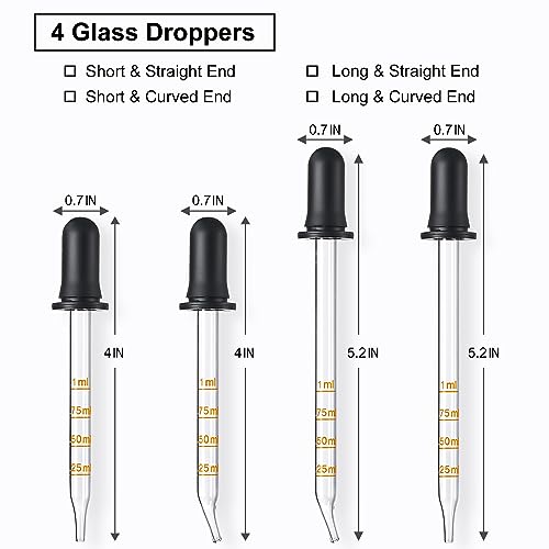 4 Pack, 1 mL Glass Eye Dropper with Measurement - Long & Short, Bent & Straight Tip Calibrated Glass Medicine Droppers, Accurate Dose Pipette Dropper for Essential Oils, Feeding, Ear, Lab, Health Care