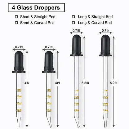 4 Pack, 1 mL Glass Eye Dropper with Measurement - Long & Short, Bent & Straight Tip Calibrated Glass Medicine Droppers, Accurate Dose Pipette Dropper for Essential Oils, Feeding, Ear, Lab, Health Care