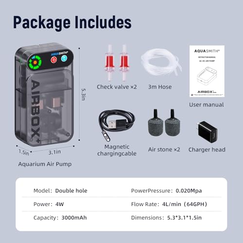 Live Bait Aerator,Ultra-Long Battery Life,Rechargeable Aquarium Air Pump 4w/64GPH(3000mAh Dual Hole) IPX4 Magnetic Charging Design,Suitable for Fishing Enthusiasts,with Hose and Stone