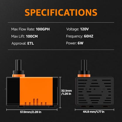 Submersible fountain pump, an ultra-quiet water pump 100GPH,120V 60HZ, features a detachable design, and is suitable for fish tanks, aquariums, hydroponic systems, and fountains.