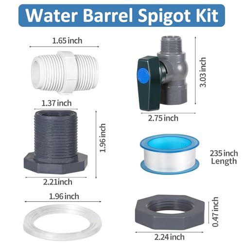 4 Pack Rain Barrel Spigot Kit with PVC Bulkhead Fitting Water Barrel Spigot Garden Hose Bulkhead Fitting with Hose Faucet Adapter and Thread Seal Tape for Garden,Aquariums,Water Tanks,Tubs,Pool