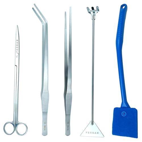 Aquarium Aquascape Tools Kit, 15 inch Stainless Steel Includes Brush, Tweezers/Feeding Tongs, Scissors, Spatula, Algae Scraper, Rake, for Fish Tank Cleaning Scrubbing, Trimming