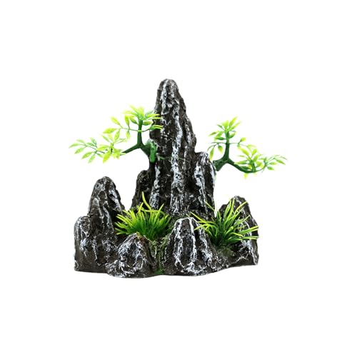 Fish Tank Decorations Aquarium Mountain View Stone Decorations Resin Rock Aquascaping with Hiding Cave, Fish Tank Accessories Aquarium Ornaments with Small Plants (AS)