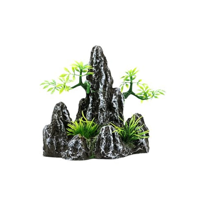 Fish Tank Decorations Aquarium Mountain View Stone Decorations Resin Rock Aquascaping with Hiding Cave, Fish Tank Accessories Aquarium Ornaments with Small Plants (AS)