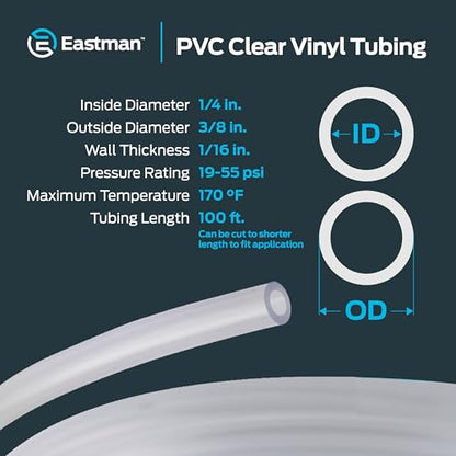 Eastman 1/4 Inch ID (3/8 Inch OD) PVC Clear Vinyl Tubing, 100 Foot Length, 98618 - size: 1/4 in. ID x 3/8 in. OD, style: 100 Ft.