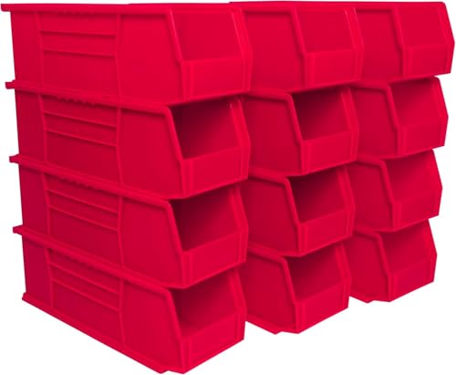 Akro-Mils 30234 AkroBins Plastic Storage Bins, Space-Saving Stackable Bins for Garage, Pantry, Craft Organization, 15" x 5" x 5", Red, 12-Pack - color: Red