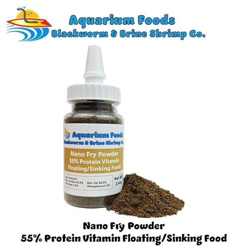 Nano Fry Powder, 55% Protein Vitamin Rich Floating/Slow Sinking Powdered Fry Growth Food for All Tropical Fish, Baby Cichlids, Bettas, Tetras, Guppies...2.4oz Squeeze Bottle