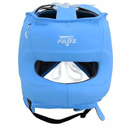 A1 Boxing Sparring Headgear – Face Saver Head Guard with Nose Protection, Cowhide Leather Boxing Headgear for MMA, Muay Thai & Kickboxing Training - color: Blue, size: Small-Medium