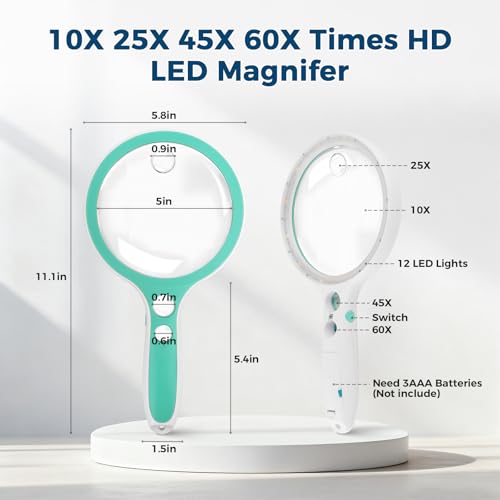 Large Magnifying Glass with Light,10X 25X 45X 60X Handheld Illuminated Lighted Magnifier, 5in Page Reading Magnifier with 12 LED Lights for Seniors Reading, Coins, Jewelry, Close Work - Green