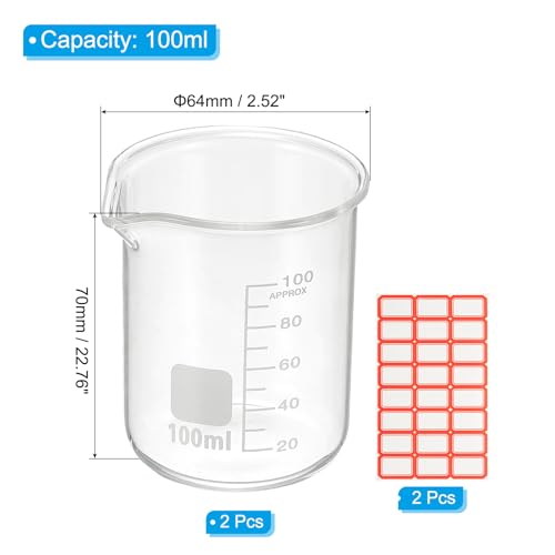 PATIKIL 100ml Glass Beaker, 2 Pack Measuring Glass Beaker Graduated Borosilicate Lab Cups Mug Low Form Heat Safe Transparent with Spout Label for Laboratory Science Kitchen Liquids - size: 100ml