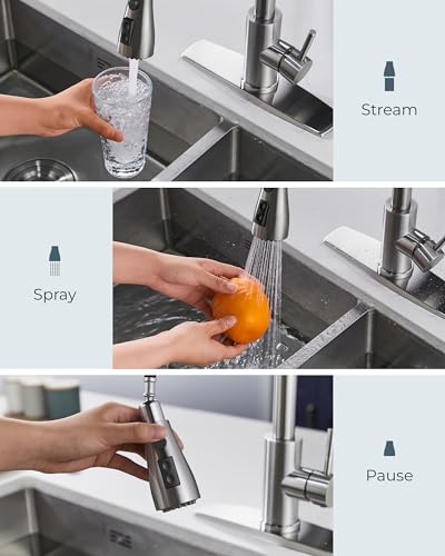 FORIOUS Kitchen Faucets with Soap Dispenser and Pull Down Sprayer, Brushed Nickel, Bar High Arc Single Handle Classic 3 Modes Stainless Steel Faucet for Kitchen Sink Farmhouse RV Laundry Camper