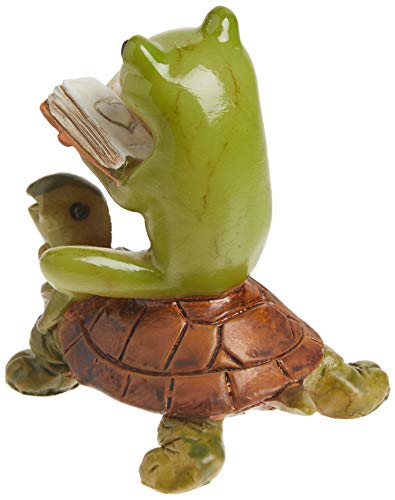 Top Collection Miniature Fairy Garden & Terrarium Frog Reading Book on Turtle Statue, Small, Green, Orange