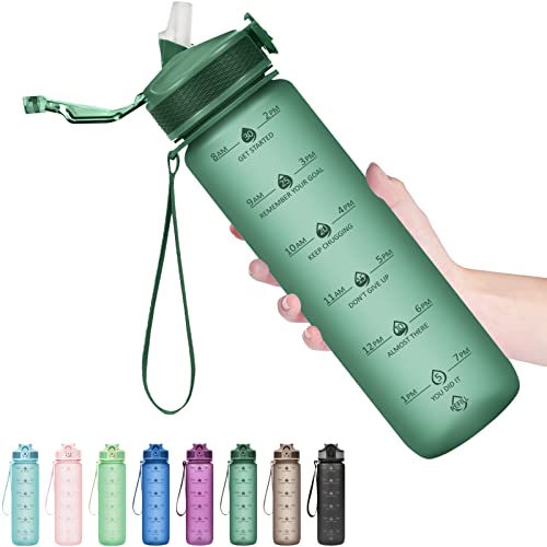 Hyeta Plastic Water Bottle With Straw & Time Marker, 32oz Leakproof Jug - color: Forest