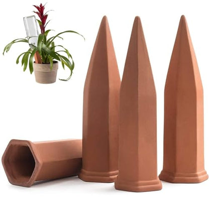 Modern Innovations Ceramic Terracotta Self Watering Spikes (4 Pack) Vacation Automatic Plant Waterer Devices, Indoor/Outdoor Planter Insert, Terra-Cotta Stakes for Potted Plants, Auto-Water System