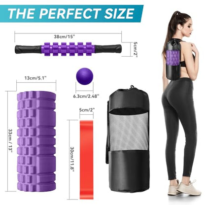 Krightlink 5 in 1 Foam Roller Set High Density Deep Tissue Massager | Trigger Point Massage Roller for Muscle Massage, Massage Ball, Resistance Band for Whole Body Physical Therapy Purple - color: Violet