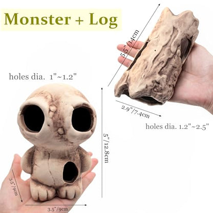 M2cbridge Aquarium Ceramic Cave Rock for Betta Shrimp Cichlid Fish Hideout Decor (Monster + Log)