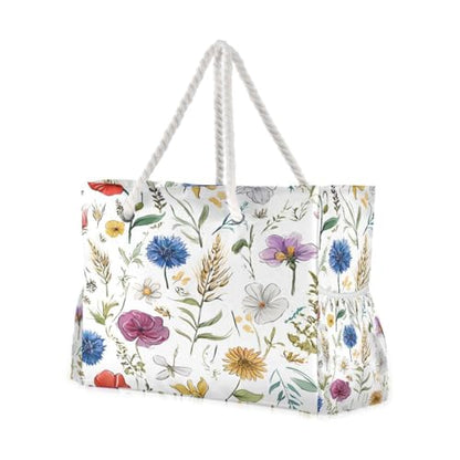 senya Large Beach Bags Totes Canvas Tote Shoulder Bag Soft Wave Water Resistant Bags for Gym Travel Daily Ocean - color: Hand Drawn Flowers