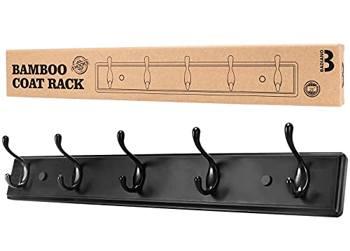 Badiano Heavy Duty Wooden Coat Rack, Wall-Mounted Organizer, 24 Inch, Black - color: Black, size: 5 Hooks