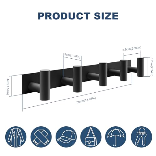 PMMASTO 5 T-Shaped Wall Hooks, Black Stainless Steel Coat Rack Rail, 1 Pack - color: Black, size: 5 "T" Hooks, 1PACK