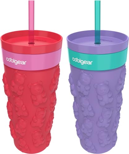 COOL GEAR 20oz Go Grip Tumbler, Valentine’s Day Gummy Bear Pattern Reusable Travel Mug, BPA Free Lid, Hot and Cold Beverages 2 Pack - PURPLE/RED - color: PURPLE/RUBY