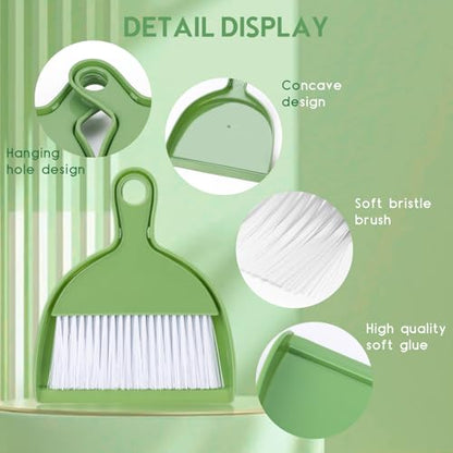 2PCS Small Broom and Dustpan Set, Mini Dust Pan and Brush, Hand Whisk for Pets, Kids, Desk, Home, Camping, Green Cleaning Supplies