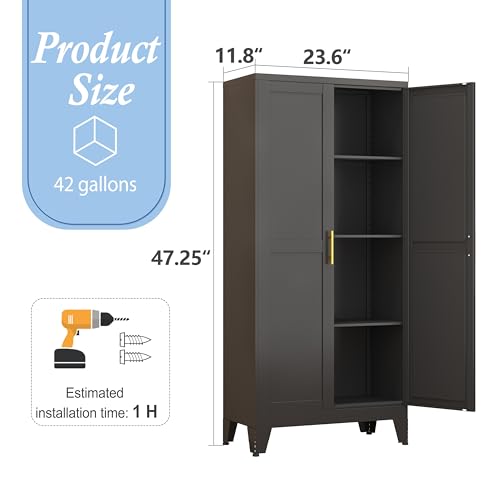 Black Metal Storage Cabinet, 48" Steel Cabinets for Home Office, Kitchen Pantry Storage Cabinet with Doors and 3 Adjustable Shelves, for Office, Home, Garage, School