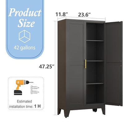 Black Metal Storage Cabinet, 48" Steel Cabinets for Home Office, Kitchen Pantry Storage Cabinet with Doors and 3 Adjustable Shelves, for Office, Home, Garage, School
