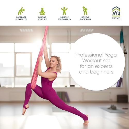 AyuHome Aerial Silks Yoga Swing Aerial Hammock Kit for Home | Premium aerial silks yoga swing kit with rigging hardware for aerial yoga, gymnastics, and home fitness - color: Aerial silk - Pink New