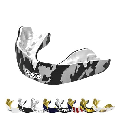 OPRO Instant Custom-Fit Mouthguard – Dentist Level Gum Shield Adult and Kids – OPRO Mouth Guard Boxing and MMA, Self-Fit Gum Shield Rugby – Maximum Protection with Dental Warranty (USA) - color: Silver Camo - Black/White/Silver, size: Adult (10+)
