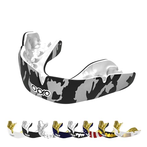 OPRO Instant Custom-Fit Mouthguard – Dentist Level Gum Shield Adult and Kids – OPRO Mouth Guard Boxing and MMA, Self-Fit Gum Shield Rugby – Maximum Protection with Dental Warranty (USA) - color: Silver Camo - Black/White/Silver, size: Adult (10+)