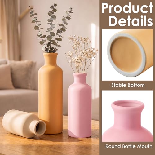 Modern Ceramic Vase Set of 3 Pink Orange Boho Vases for Home Farmhouse Rustic Decorative Bottles for Living Room Bedroom Shelf Table Bookshelf Entryway Decoration Housewarming Gift