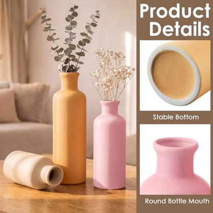 Modern Ceramic Vase Set of 3 Pink Orange Boho Vases for Home Farmhouse Rustic Decorative Bottles for Living Room Bedroom Shelf Table Bookshelf Entryway Decoration Housewarming Gift