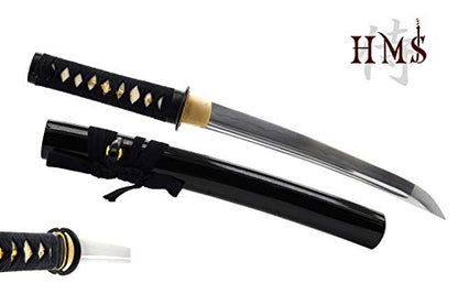 Hand Forged 1045 Carbon Steel Musashi Crest Tanto Full Tang Sword | functional edge for dojo practice, wavy temper, bo-hi groove, openwork guard, rayskin grip
