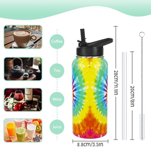 Tie-Dye Water Bottle with Straws Summer Insulated Bottles Travel Thermal Double Walled Vacuum Cup Leak Proof Stainless Steel Tumbler Tie-Dye Lovers Decor Gifts-32 oz - color: Cyan blue yellow