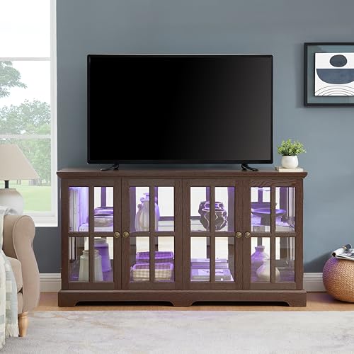 Cherry Finish Antique Display Cabinet with LED Lights, 4 Glass Doors & Adjustable Shelves for Collectibles, Home or Office Showcase