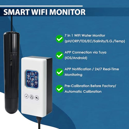 7 in 1 Smart Water Quality Tester, Wireless WiFi Water Monitor Measures pH/ORP/TDS/EC/Salinity/SG/TEMP, Water Quality Meter with App Connection Real-Time Alerts for Aquarium, Saltwater Fish Tank, etc.