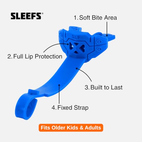 SLEEFS X Blue Football Mouth Guard - Lip/Mouthguard with Helmet Strap - Lip/Teeth Protector Mouthpiece - Moldable - for Youth/Adults, Men & Women Mouth Guard, Maximum Air Flow, Lacrosse, All Sports - color: Blue With Logo