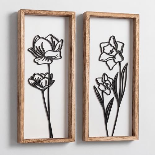 3D Black and White Wall Art (Set of 2) Lightweight, Wooden Ready-to-Hang Framed Floral Wall Art for Bathroom, Bedroom, Living Room or Office – Boho Botanical Farmhouse Decor – Gift-Boxed - color: White, size: 7" x 16"