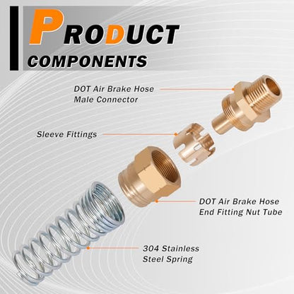 4Pcs Brass 3/8” Air Hose Fittings DOT Air Fittings with Spring Guards, 3/8” Male Connector for Rubber Tube, Air Brake Hose End Fittings, with 8Pcs Fitting Sleeve Tubes