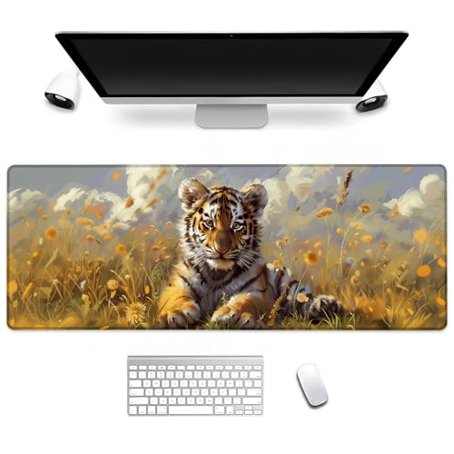 Cute Tiger Cub in The Grass Gaming Mouse Pad, Computer Keyboard Desktop Mouse Pads for Home, Work, Desk Decor, Large Office Laptop Anti-Slip Rubber Base Desk Mat 31.5×11.8 in - color: Tiger19