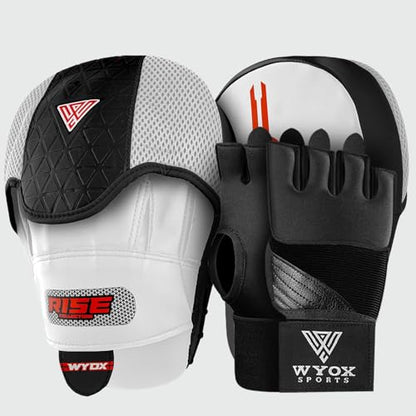 WYOX Gel Boxing Hand Wraps & Curved Focus Mitts Bundle for Men & Women Adults – 80cm Wrist Straps, Padded Knuckle Support, Neoprene Inner Glove Gel Padding, MMA Muay Thai Kickboxing Training Pads