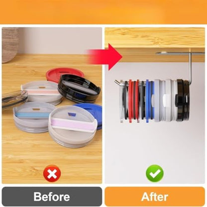 Tumbler Lid Organizer 1Pack, Paper Towel Holder Space Saving Cup Lid Organizer, Self-Adhesive or Drilling Tumbler Lid Hook for Kitchen Organizers and Storage (Silvery)