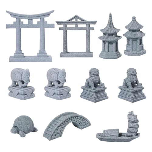 11Pcs Mini Zen Garden Accessories Miniature Fairy Garden Decoration Set Bridge Torii Gate Foo Dogs Sandstone Sculptures Statues for Fish Tank Patio Micro Terrarium Bonsai