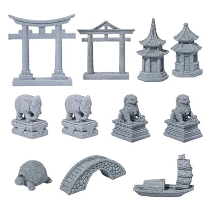 11Pcs Mini Zen Garden Accessories Miniature Fairy Garden Decoration Set Bridge Torii Gate Foo Dogs Sandstone Sculptures Statues for Fish Tank Patio Micro Terrarium Bonsai