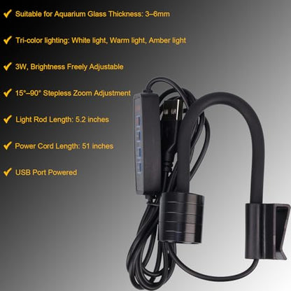 Zoom Mini Aquarium Spotlight with Timer – Gooseneck Clip-On Lamp, 15°–90° Zoom Beam, Tri-Color White/Warm White/Warm Light, Full Brightness Dimming (Black - NO Timer) - color: Black - NO Timer