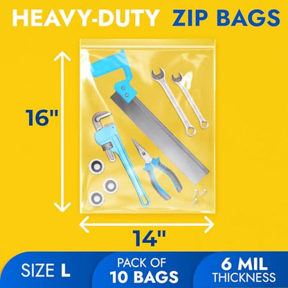 14" x 16" Reclosable Plastic Zip Bags, Pack of 10, 6 Mil Heavy-Duty Clear Poly Bags, Resealable for Food, Clothes, Hardware, Jewelry - size: 14"W x 16"H