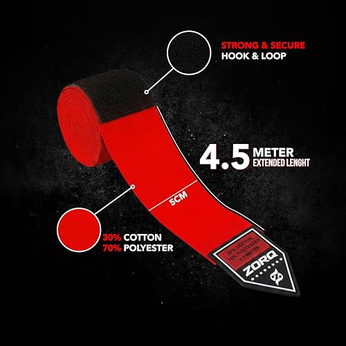 ZORQ Boxing Hand Wraps - Professional Mexican Style Semi-Elastic Handwraps for Boxing, MMA, Muay Thai & Kickboxing - 4.5M Inner Gloves with Thumb Loop & Secure Hook & Loop Closure - color: Black