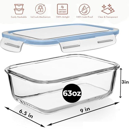Razab 4 PC 1860ml / 63 Oz / 8 Cups Large Glass Food Storage Containers with Lids - Glass Meal Prep Containers for Roasting & Storing Leftover, Lunch Container with Lids, Microwave & Oven Safe - color: Light Blue