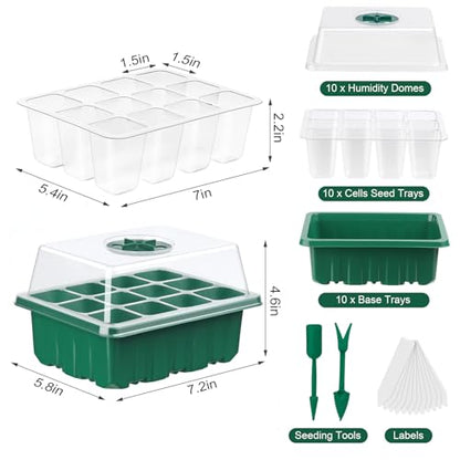 10 Pcks Seed Starter Tray 120 Cells Seed Starter Kit with Humidity Dome, Seed StartingTrays for Seed Seedling Planting Starter, Mini Greenhouse Plant Germination Trays（Green）